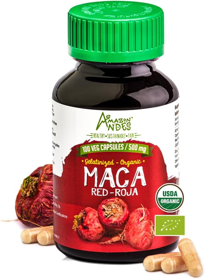 Andes Red Maca Root Capsules - Kvindelig sundhed supplement - Natural Energizer - USDA NOP Certified - Genitalized, Non GMO & Gluten Free - 100 Vegan piller (1500mg per servering) - Made in Peru