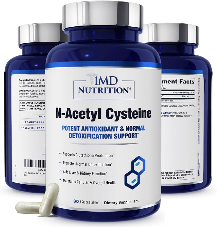 1MD Nutrition NAC Supplement N- Acetylcystein - NAC 600 mg - Antioxidant Supports Detox og Glutathion Production - N Acetylcystein Respiratory Supplement for Lung Health - 60 Kapsler