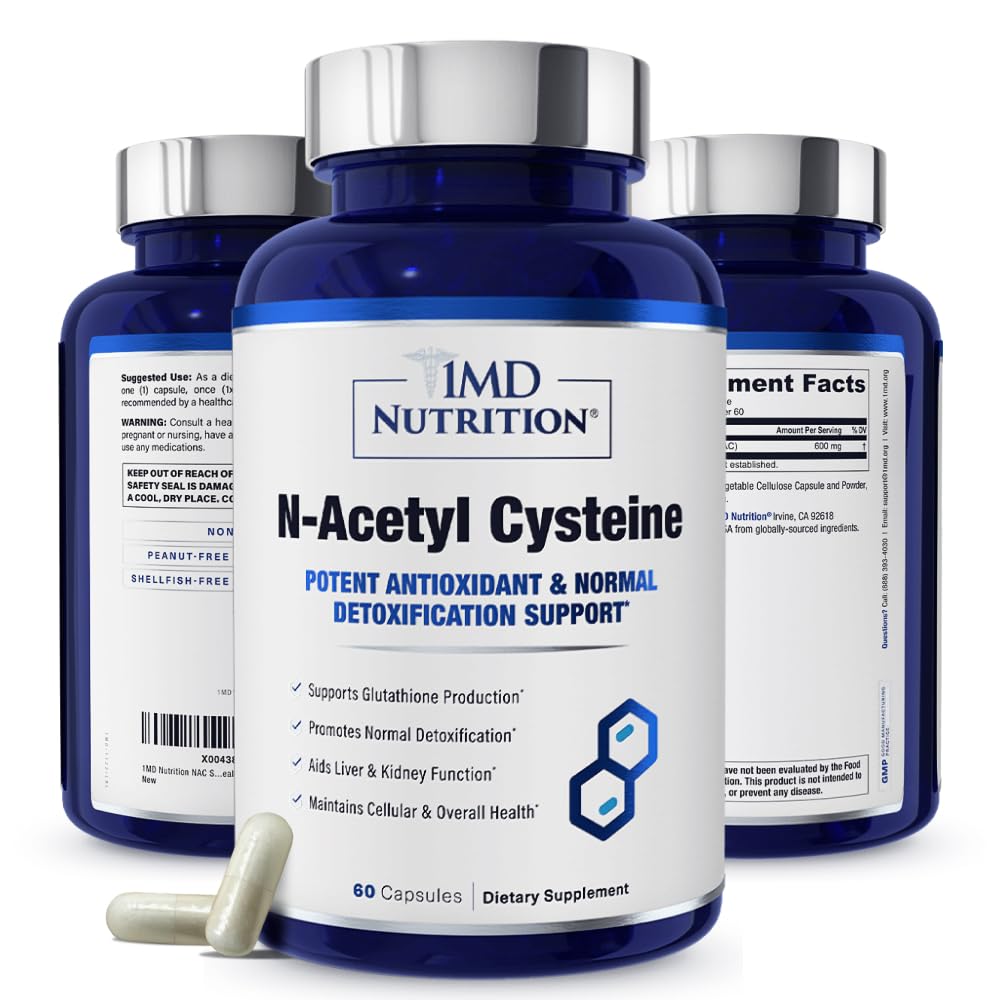 1MD Nutrition NAC Supplement N- Acetylcystein - NAC 600 mg - Antioxidant Supports Detox og Glutathion Production - N Acetylcystein Respiratory Supplement for Lung Health - 60 Kapsler