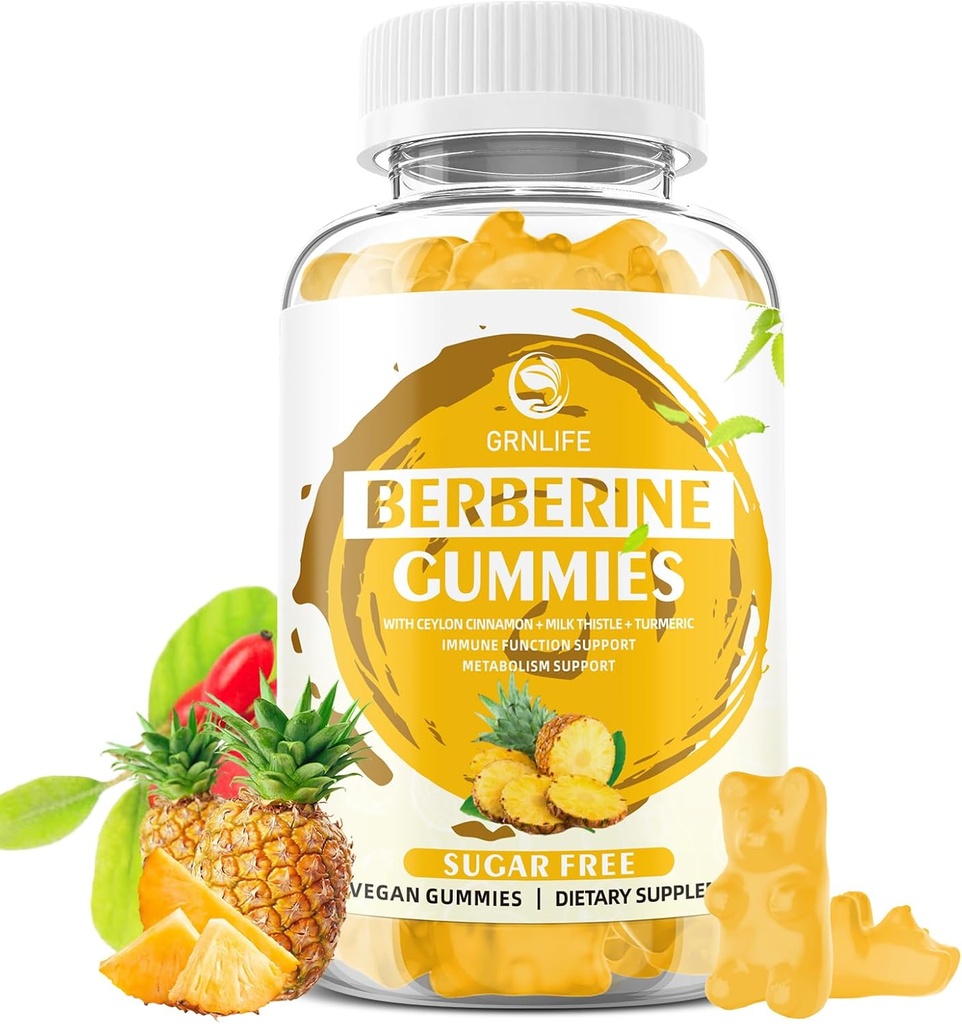 Berberine Gummies med Ceylon Cinnamon 1500mg høj potens Berberine HCL supplement til immun- og metabolismestøtte, sukker fri, ananas flavor - 60 greve