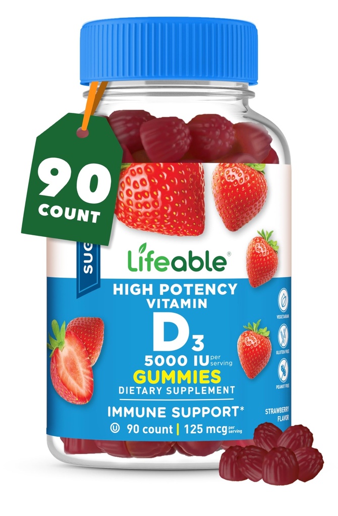 Lifeable Sugar Free Vitamin D 5000 IE - Great Tasting Natural Flavor Gummy Supplement - Gluten Free Vegetar GMO- Free Chewable - for immunforsvar og ben sundhed - for voksne - 90 Gummies