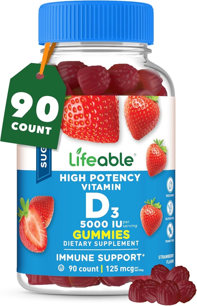 Lifeable Sugar Free Vitamin D 5000 IE - Great Tasting Natural Flavor Gummy Supplement - Gluten Free Vegetar GMO- Free Chewable - for immunforsvar og ben sundhed - for voksne - 90 Gummies