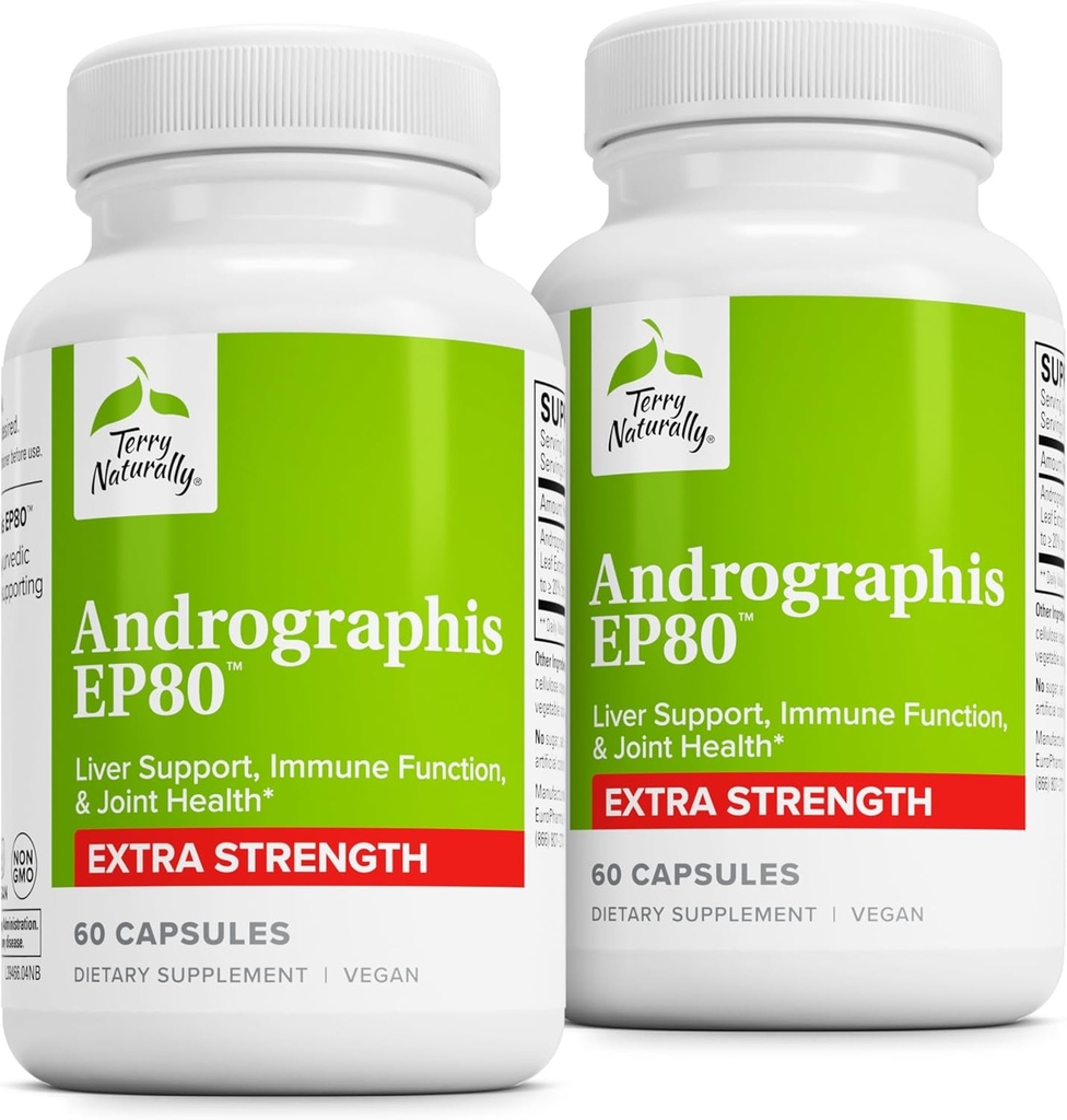 Terry naturligt Andrographis EP80 Extra Strength - Brain Health & immunsupport - Fælles sundhedsstøtte til støtte mobilitet - Adaptogen supplement til energi & leverstøtte - 60 kapsler (pakke med 2)