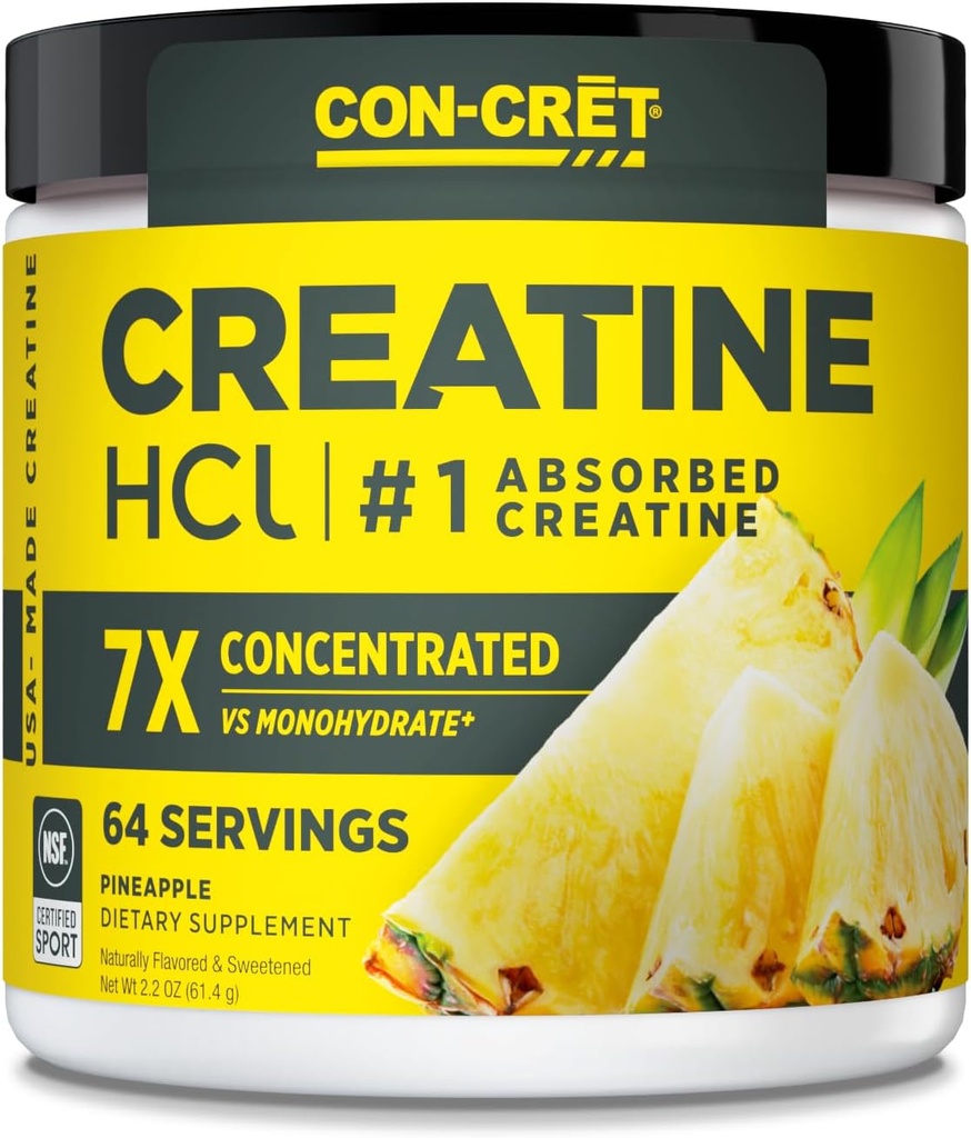 CON- CRET Creatin HCl Pulver • 124; Muskel, Kognitiv, Cellular Energy Support • 124; Ingen Bloating eller Cramps • 124; USA Made & NSF Certified • 124; Ananas (64 Servering)