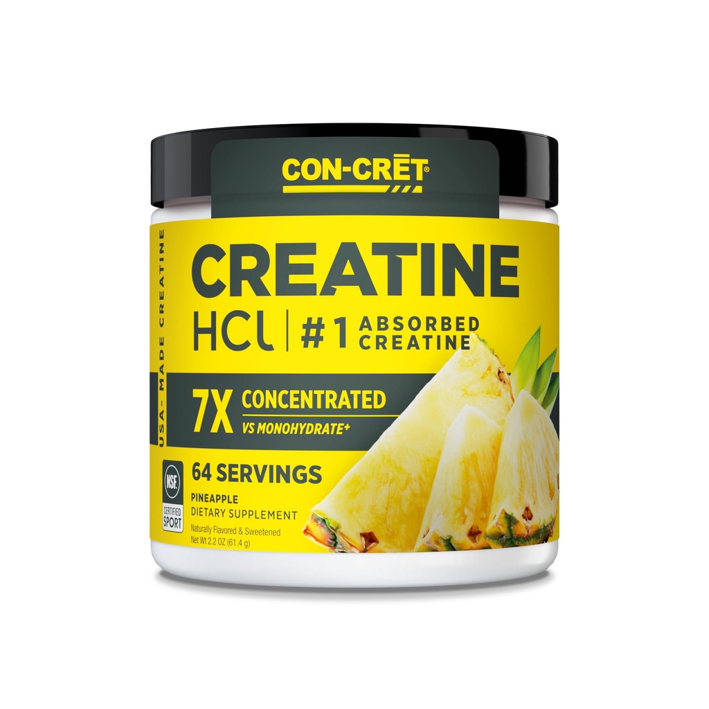 CON- CRET Creatin HCl Pulver • 124; Muskel, Kognitiv, Cellular Energy Support • 124; Ingen Bloating eller Cramps • 124; USA Made & NSF Certified • 124; Ananas (64 Servering)
