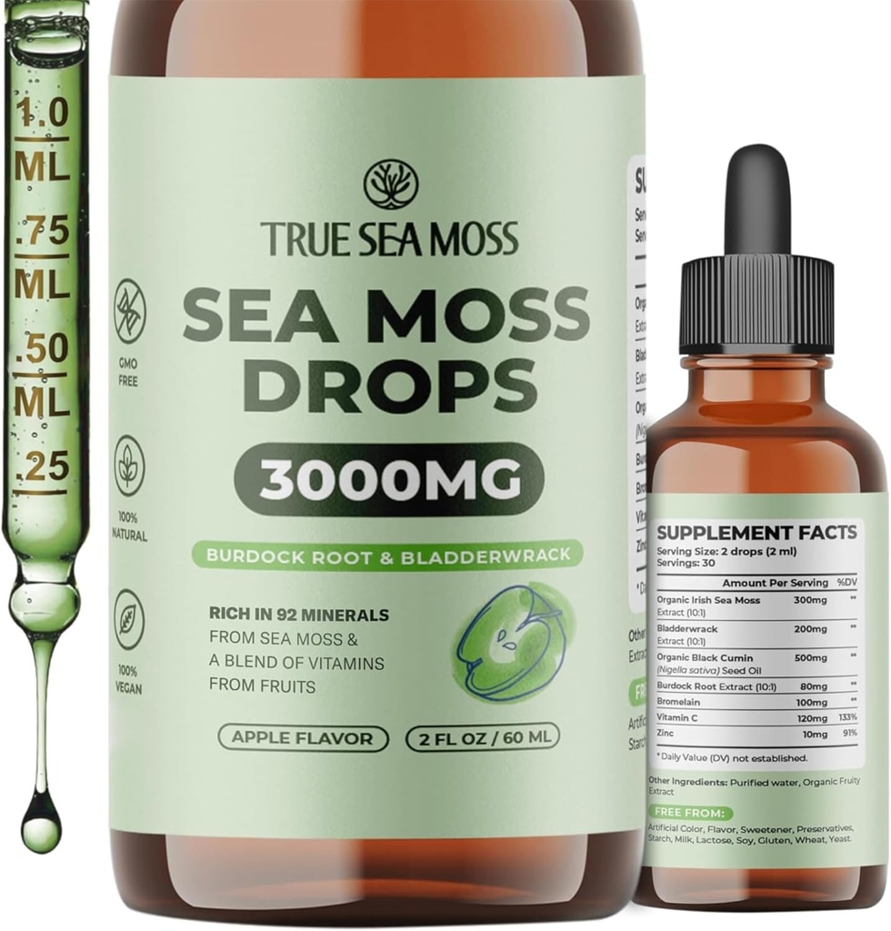 TrueSeaMoss 3000mg Irish Sea Moss Drops med Burdock Root & Bladderwrack til fordøjelsessystemet & Muscle Recovery Support - 2 Fl Oz Apple NW1