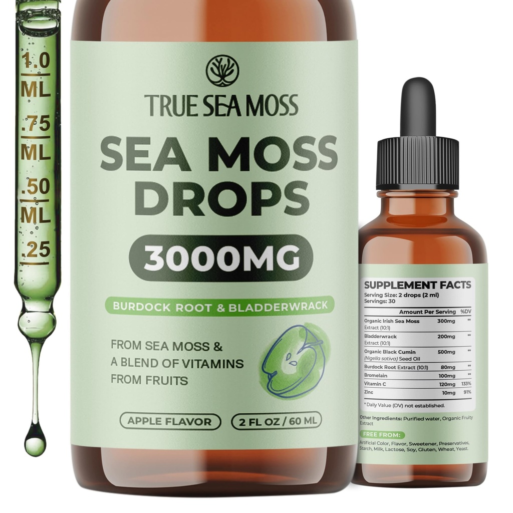 TrueSeaMoss Organic Irish Sea Moss Liquid Drops – Black Cumin Seed Oil, Bladderwrack Extract, Burdock Root, Vitamin C & Zinc – Apple Flavor – 30 Servings