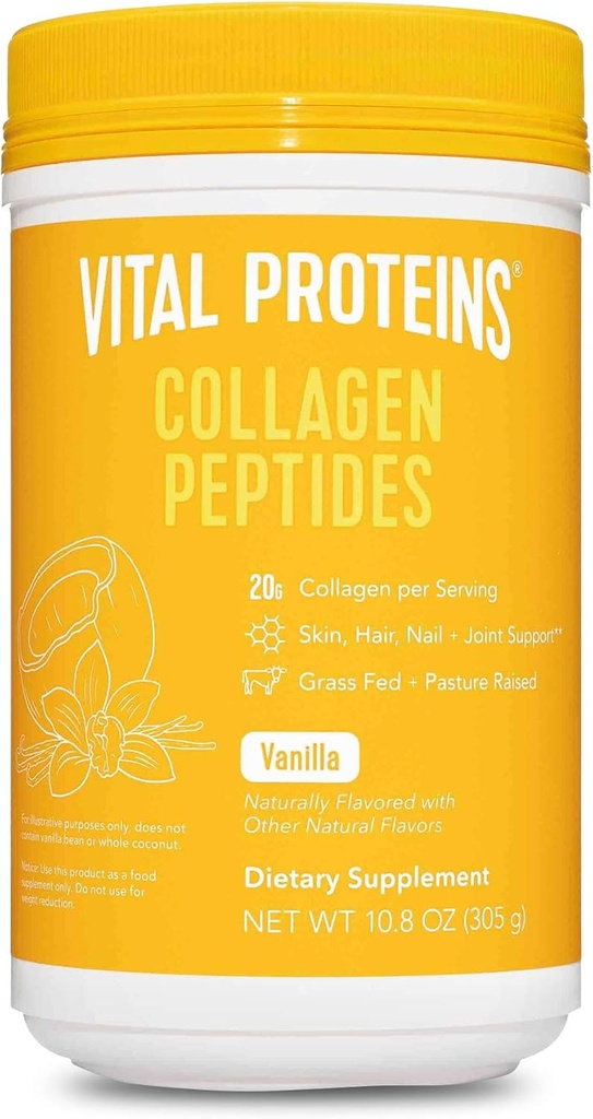 Vital Proteiner Hydrolyzed Collagen Huden Nail fælles peptider pulver supplement med Madagaskar Vanilla bønner, kokos, Hyaluronsyre og probiotika, Dairy Free, 10.8 Oz