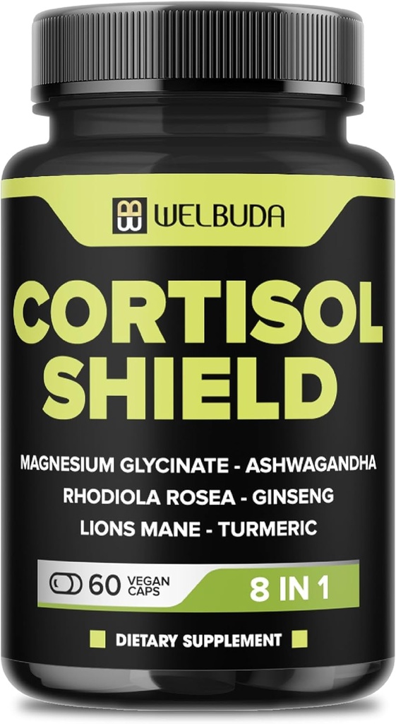 8in1 Cortisol Shield - Ashwagandha og Magnesium, Rhodiola Rosea, Lions Mane, Gingsen, og 3 mere - Afslapning og rolig nattestøtte & Mood Balance - 60 Greve