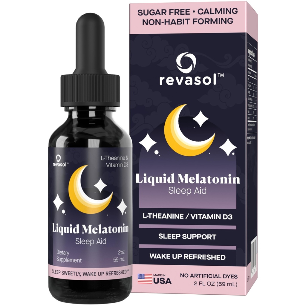 Liquid Melatonin Sleep Aid, L-Theanine & Vitamin D3, Dietary Supplement, Natural Melatonin 1 mg, Natural Sleep Aids for Adults & Kids 4+, Sleeping Supplement, 2 oz