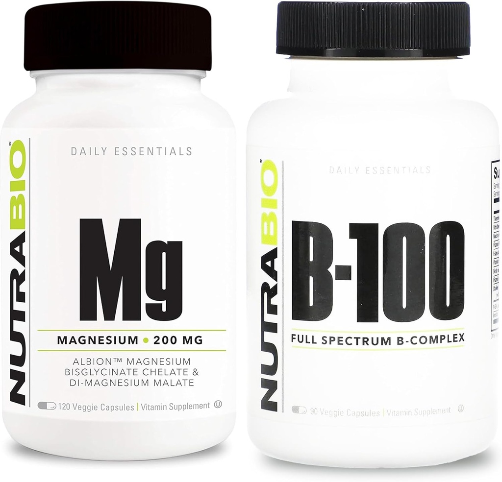 NutraBio B- 100 B Vitamin Complex og Reaged Magnesium Supplement Bundle - Vitamin Supplement Bundle kan hjælpe med immunsystemet, Knoglesundhed, sundt hår, hud og negle