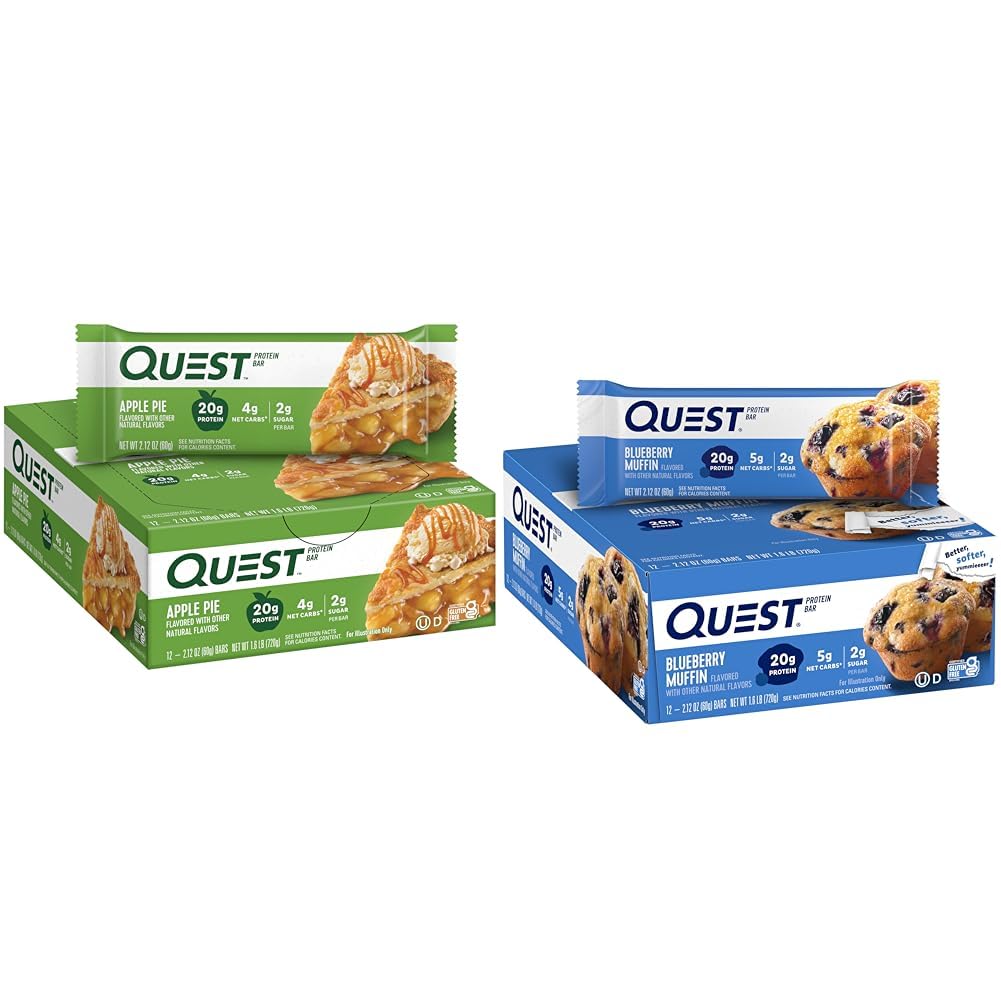 Quest Nutrition Apple Pie Protein Bar, 20g Protein, 4g Net Carbs, 2g Sugar, Gluten Free & Blueberry Muffin Protein Bars, High Protein, Low Carb, Gluten Free, Keto Friendly