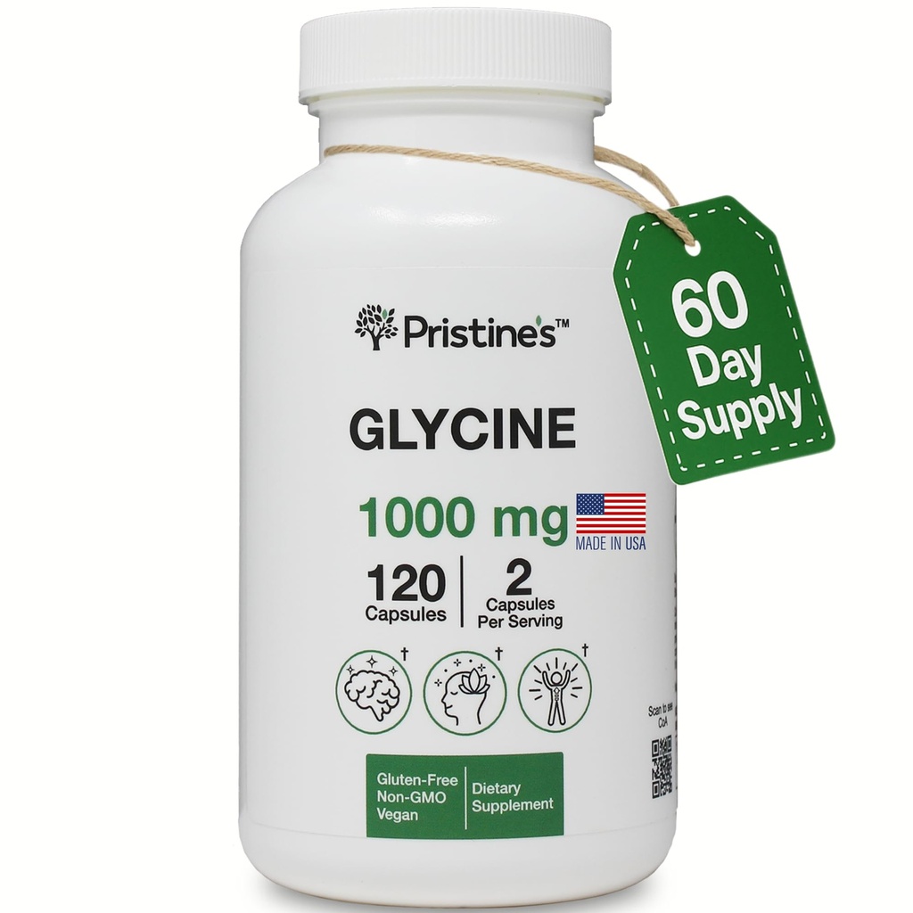 PRISTINE 'S Glycine 1000MG Aminosyre dvaletilskud Kapsler - 60 dages forsyning - Muskel Inddrivelse, Collagen & Nyre Support - Vegan, Ikke GMO, Gluten Free