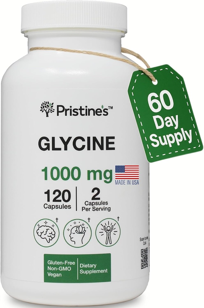 PRISTINE 'S Glycine 1000MG Aminosyre dvaletilskud Kapsler - 60 dages forsyning - Muskel Inddrivelse, Collagen & Nyre Support - Vegan, Ikke GMO, Gluten Free