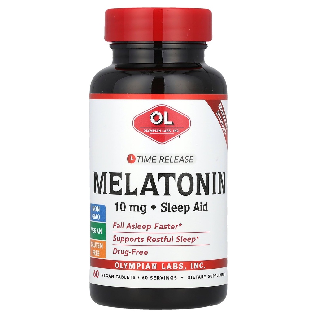 Olympian Labs Melatonin 10mg tid Release med vitamin B6 - Maksimal styrke tabletter - Drug- Free, Understøtter restaured søvn, Nighttime Sleep Aid - 60 Vegan tabletter (60 Servere)