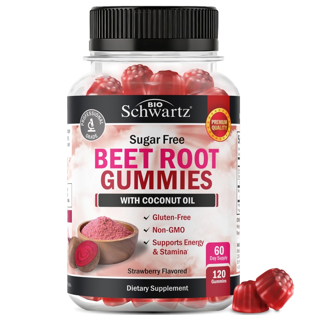 Sugar Free Beet Root Gummies - Nitrooxide Gummies Infunderes med kokosolie til højeste absorption - Understøtter energi & helkropssundhed - Lækker Jordbærsmag - 120 Greve (60 dages forsyning)