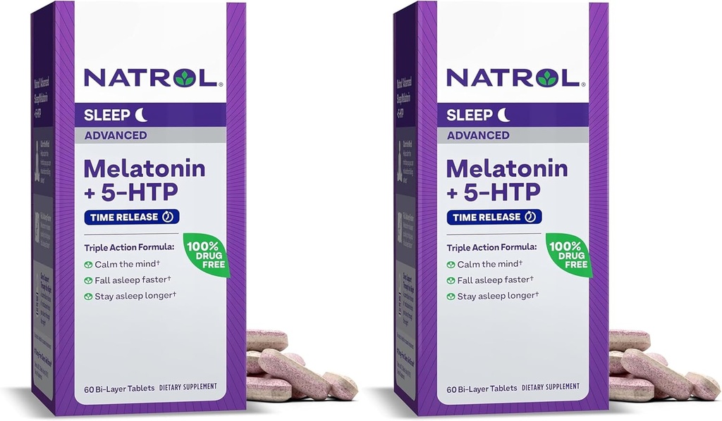 Natrol Advanced Sleep Melatonin + 5htp, Kosttilskud til afslappende søvn, 60 tids- release tabletter, 60 dages forsyning - pakke med 2