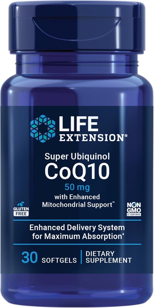 Life Extension Super Ubiquinol CoQ10 med forbedret Mitokondriel Support, Heart Health Supplement, Maksimal Absorption, 50 mg, Non- GMO, Gluten- Free, 30 bløddele