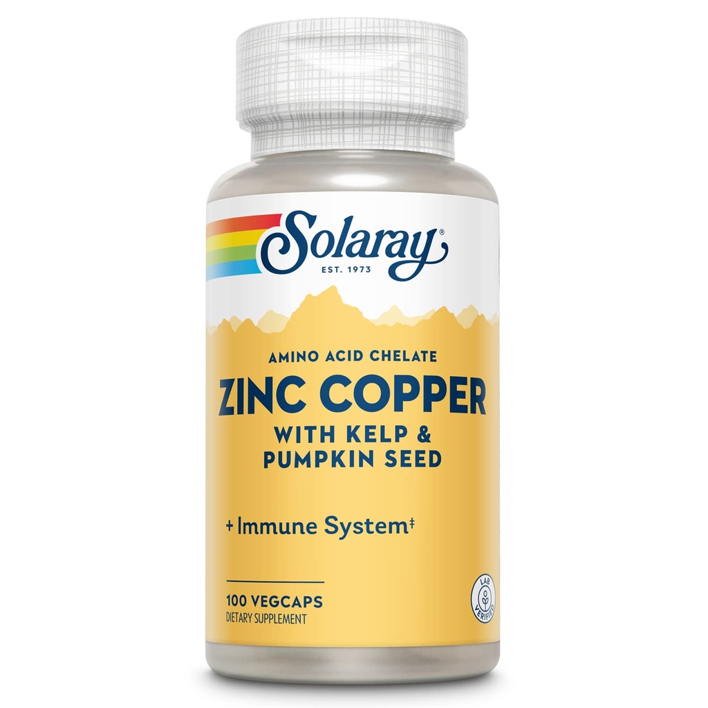SOLARAY zink kobber Aminosyrechelat - immunsupporttillæg w / chelateret zink 50mg - ben, hud, hjerte sundhed og thyreoideastøtte - med jod fra Kelp, 60- dag garanti, 100 Serv, 100 VegCaps