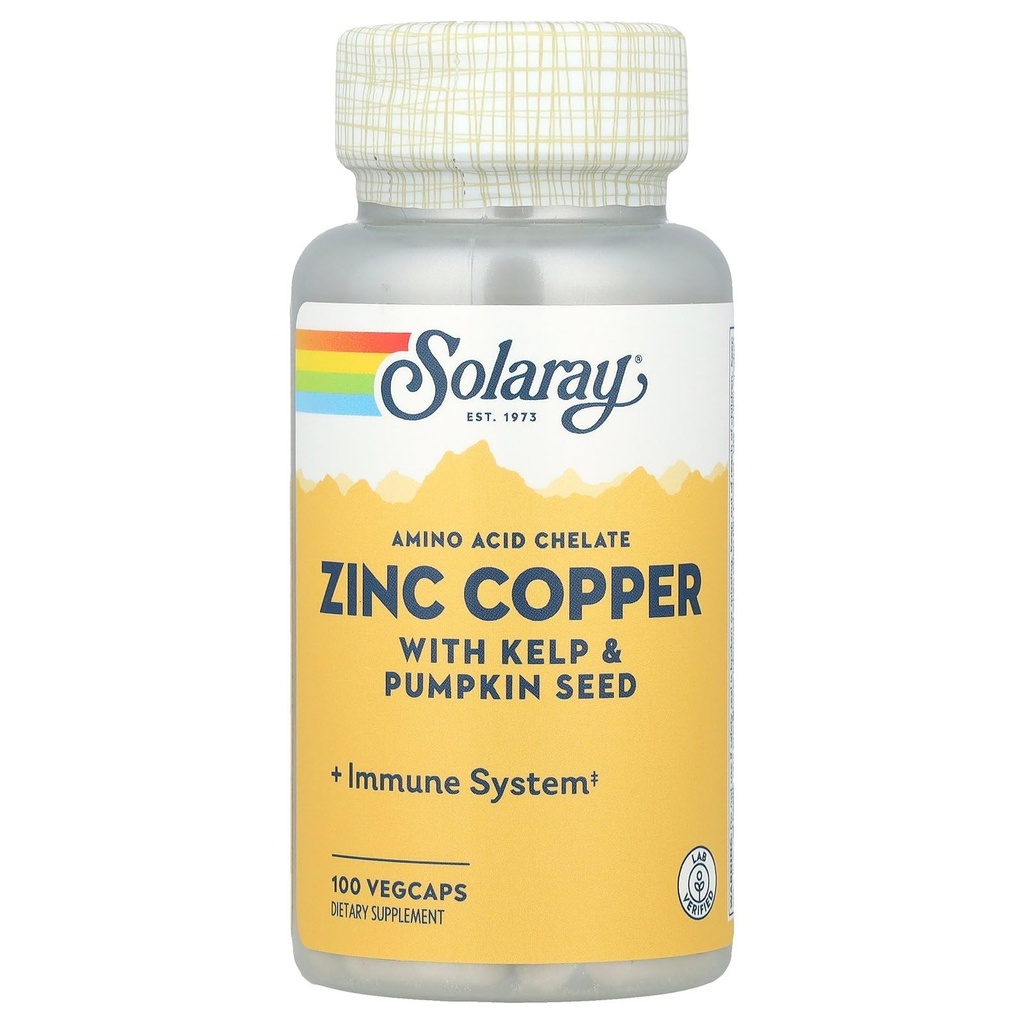 SOLARAY zink kobber Aminosyrechelat - immunsupporttillæg w / chelateret zink 50mg - ben, hud, hjerte sundhed og thyreoideastøtte - med jod fra Kelp, 60- dag garanti, 100 Serv, 100 VegCaps