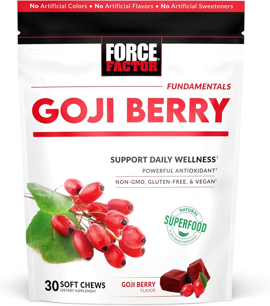 FORCE FACTOR Goji Berry Soft Chews Superfood Antioxidants Supplement til støtte sunde øjne og hud, immunsundhed, og betændelse, Non-GMO, Gluten- Free, & Vegan, Goji Berry Flavor, 30 Soft Chews