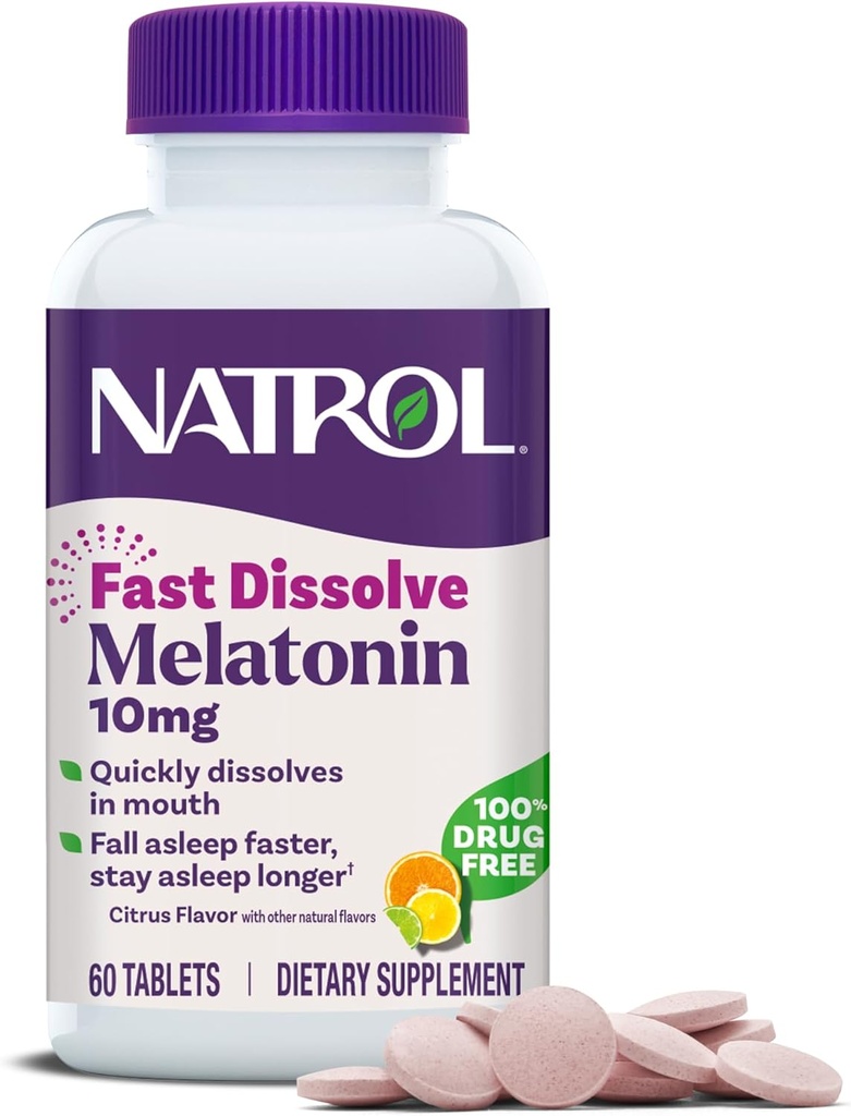 Natrol Fast Opløs Melatonin 10 mg, Melatonin Kosttilskud til rolig søvn, Sovestøtte til voksne, 60 Citrus- fyldte tabletter, op til en 60 dages forsyning