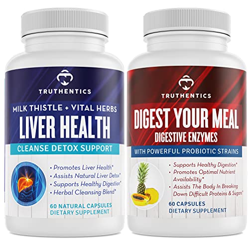 TRUTHENTIK Leversundhed og fordøjelsesenzymer Bundle - Støtte til lever rense Detox, fordøjelse, næringsstofabsorption, lejlighedsvis gas og bloating - Gluten fri, ikke-GMO
