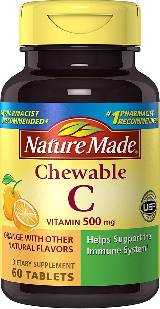 Nature Made Chewable C-vitamin 500 mg tabletter, 60 greve til at hjælpe med at understøtte immunsystemet (pakke med 3)