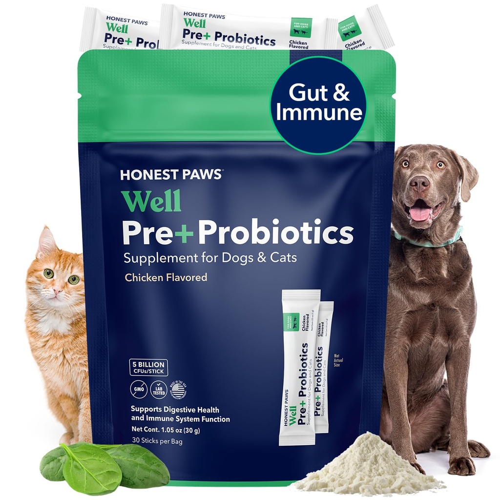Honest Paws Probiotics for Dogs - Digestive & Immune Support Powder with Prebiotic Made in The USA, Chicken Flavor (30 Sticks)