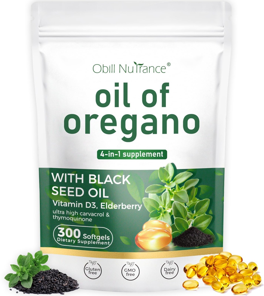 Oil of Oregano Softgels,300 Count, 4-in-1 Oil of Oregano with Black Seed Oil, Vitamin D3 & Elderberry for Immune Health, Oregano Oil Capsules Organic, High Carvacrol & Thymoquinone, Non-GMO