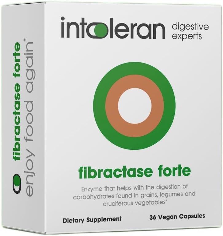 Intoleran Fibractase Forte fordøjelsesenzymer - 36 Capsules Name 124; Supplement for Fructans & Galactans Intolerance Beeg 124; Hjælper med at få den største kulhydrater; Korn, bælgfrugter, løg, hvidløg & wheats