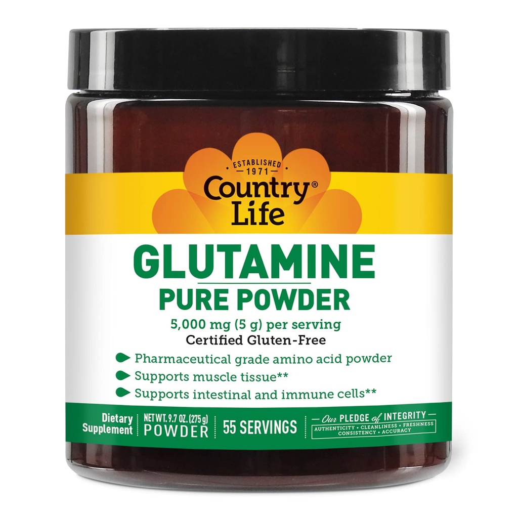 Country Life Glutamin Pure Powder - 5000mg L- Glutamin - Muscle Tissue, Gut Health, immunforsvar - Gluten- Free Certified - Ideel Pre / Post Workout Aminosyre supplement, 55 Servering, 9.7oz