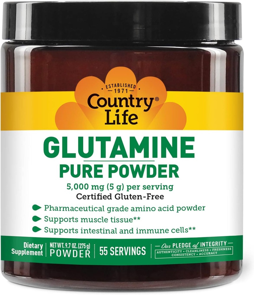 Country Life Glutamin Pure Powder - 5000mg L- Glutamin - Muscle Tissue, Gut Health, immunforsvar - Gluten- Free Certified - Ideel Pre / Post Workout Aminosyre supplement, 55 Servering, 9.7oz