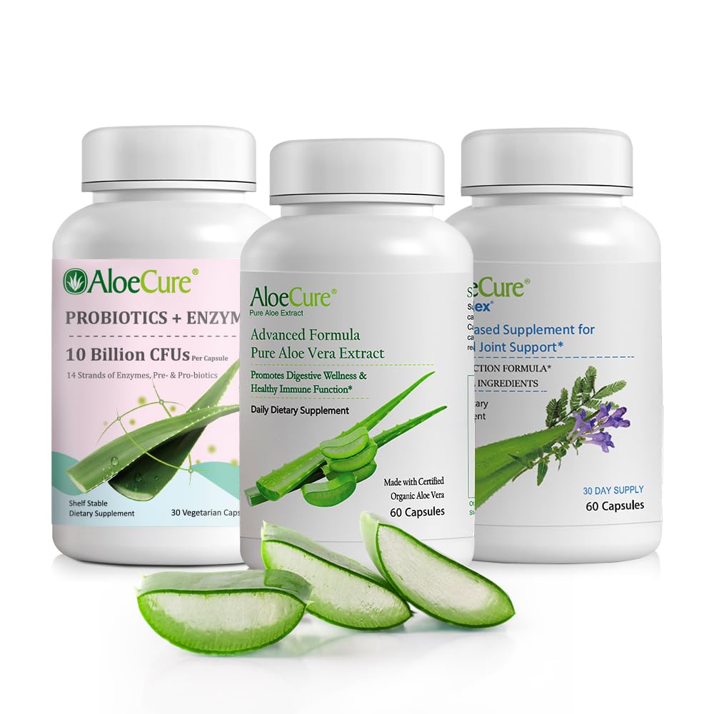 AloeCure Organic Aloe Vera Capsules Pack - 3 stykker - VeraFlex, Aloe Vera Capsules, Probiotika + enzymer