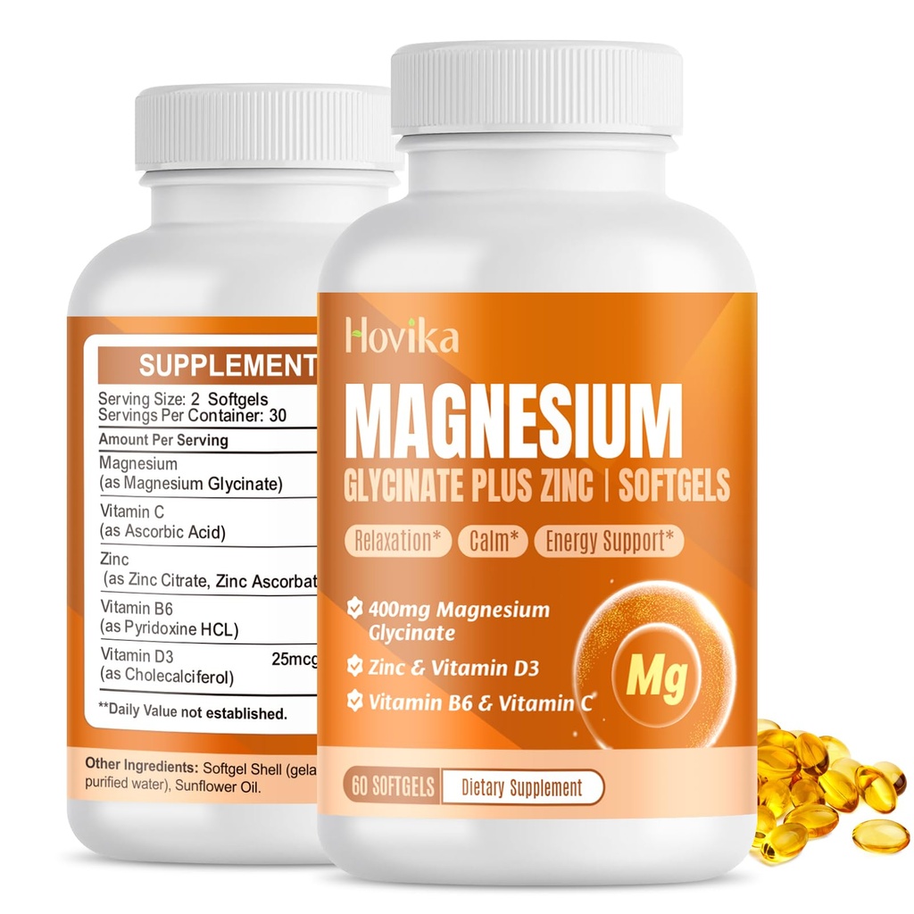 Magnesium Glycinate Supplement Softgel, Magnesium Glycinate 400mg med zink, vitamin B6, C, D3, Pure Magnesium til søvn, rolig, muskel, energi, hjertestøtte - 60 Veganske kapsler til kvinder og mænd