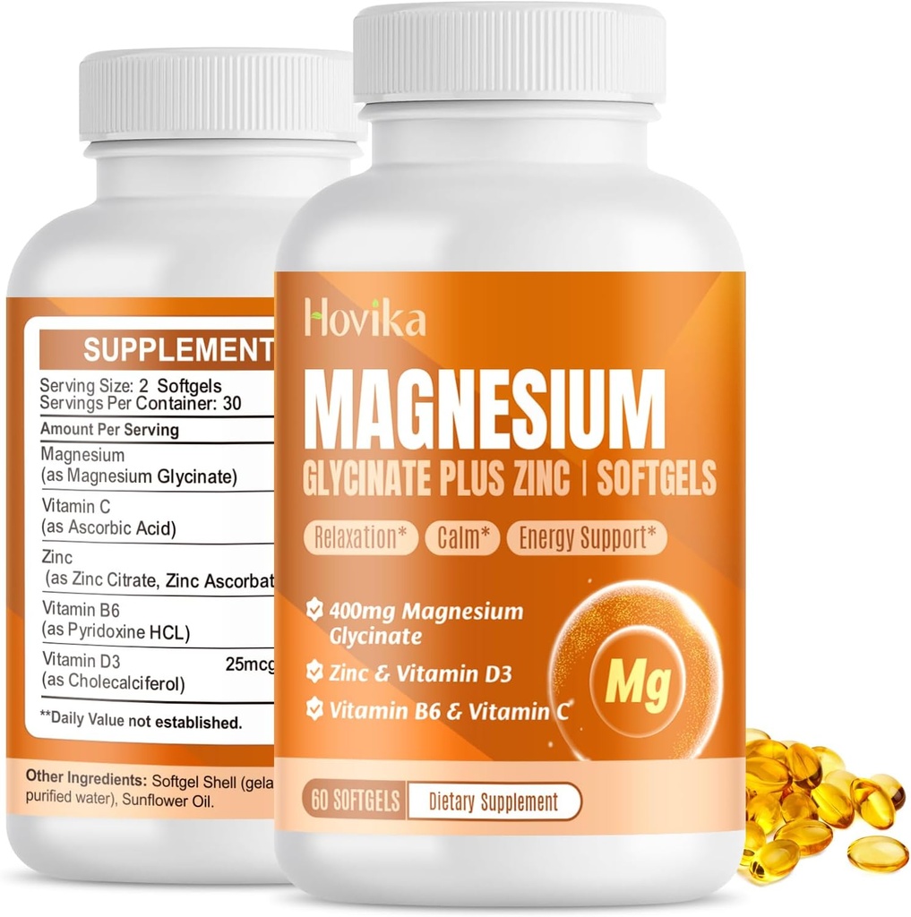 Magnesium Glycinate Supplement Softgel, Magnesium Glycinate 400mg med zink, vitamin B6, C, D3, Pure Magnesium til søvn, rolig, muskel, energi, hjertestøtte - 60 Veganske kapsler til kvinder og mænd