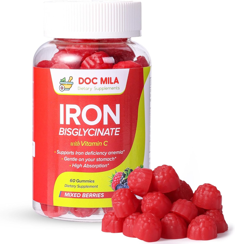 Iron Supplement for børn og voksne - Iron Bisglycinate Gummies 25 mg med Liposomal VIT C - Chelated Iron Supplement for kvinder og mænd - 60 Gummies, 1 Måned Supply