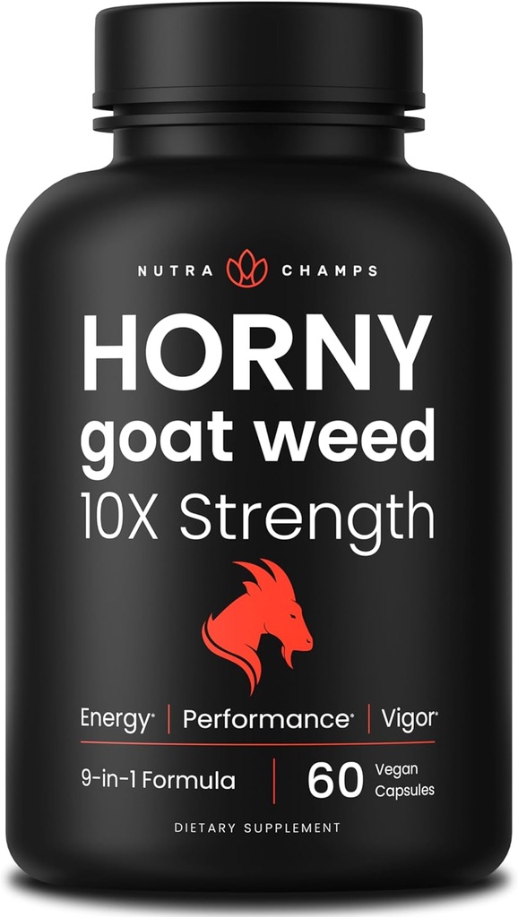 NutraChamps Horny Geat Weed, 1000mg Epimedium Energy Supplement, 10X Strength Icariin, Ginseng, Tribulus & Maca piller til kvinder & mænd, Forbedret Absorption med sort peber, 60 Vegan kapsler