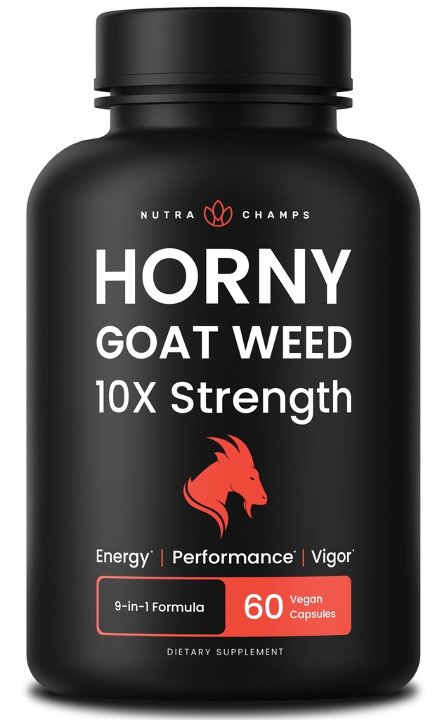NutraChamps Horny Geat Weed, 1000mg Epimedium Energy Supplement, 10X Strength Icariin, Ginseng, Tribulus & Maca piller til kvinder & mænd, Forbedret Absorption med sort peber, 60 Vegan kapsler