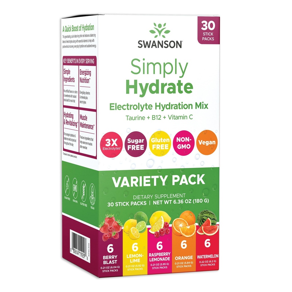 Swanson Simply Hydrate Sugar-Free Electrolyte Mix for Athletes and Active Adults Seeking On-the-Go Hydration - Variety Pack (30 Packets)