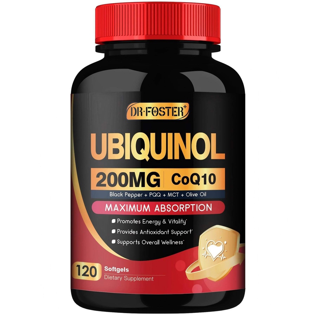 DRFOSTER Coq10 Ubiquinol 200mg, Coq10 200mg Softgel, Max Absorption Ubiquinol med E-vitamin & PQQ & Black Pepper, Kraftig antioxidant, 120 Softgel