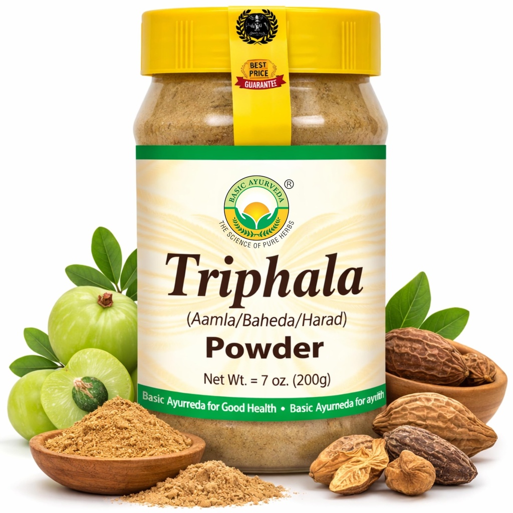 BASIC AYURVEDA Triphala Powder 7.05 Oz (200g) Yep 124; 100% Natural Ayurvedic Blend of Amla, Haritaki & Bibhitaki Yep 124; Understøtter fordøjelsessygdomme, Detox & Wellness