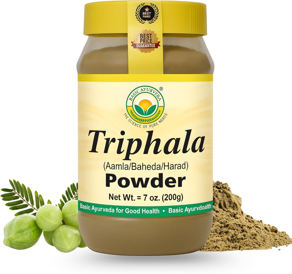 BASIC AYURVEDA Triphala Powder 7.05 Oz (200g) Yep 124; 100% Natural Ayurvedic Blend of Amla, Haritaki & Bibhitaki Yep 124; Understøtter fordøjelsessygdomme, Detox & Wellness