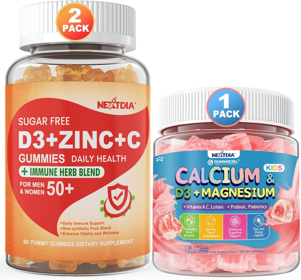Sugar Free Vitamin C + D3 + Zinc Gummies for Adults 50+ & Calcium + D3 & Magnesium Filled Gummies for Kids 4+
