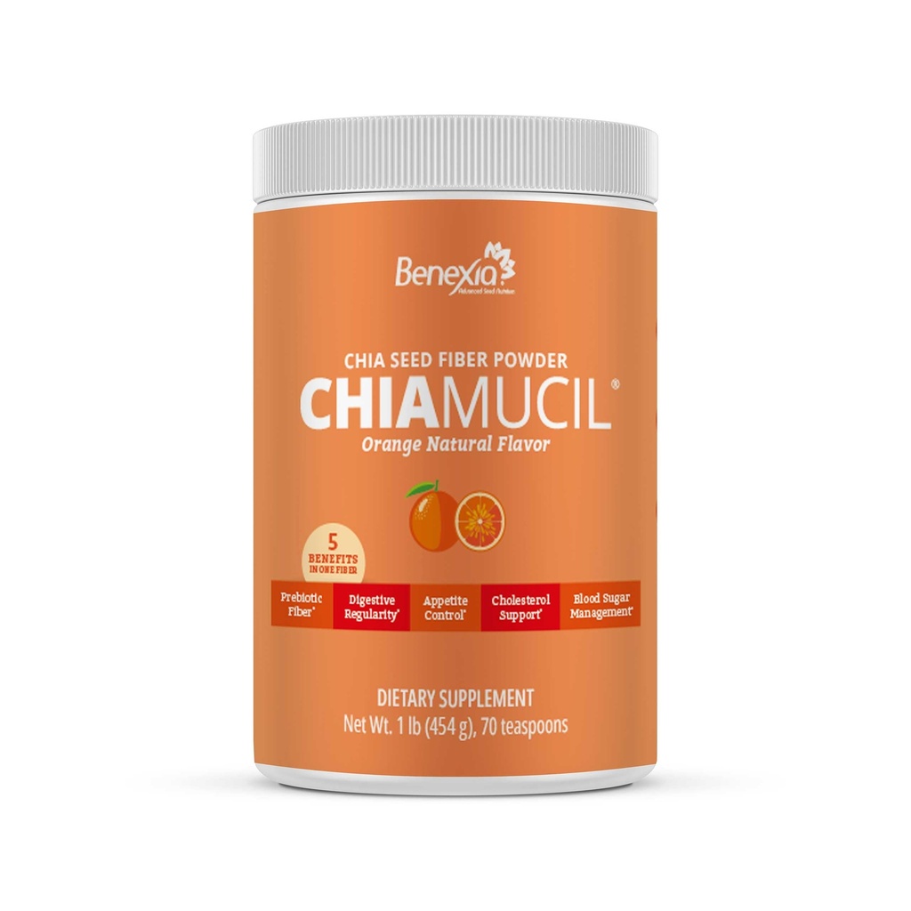 Chiamucil Prebiotic Fiber Supplement Powder - Chia Fiber & Chicory Root (Inulin) til fordøjelsessygdomme & Appetit Control - Gluten & Sugar Free, Vegan, Non- GMO, Orange - 35 Servere
