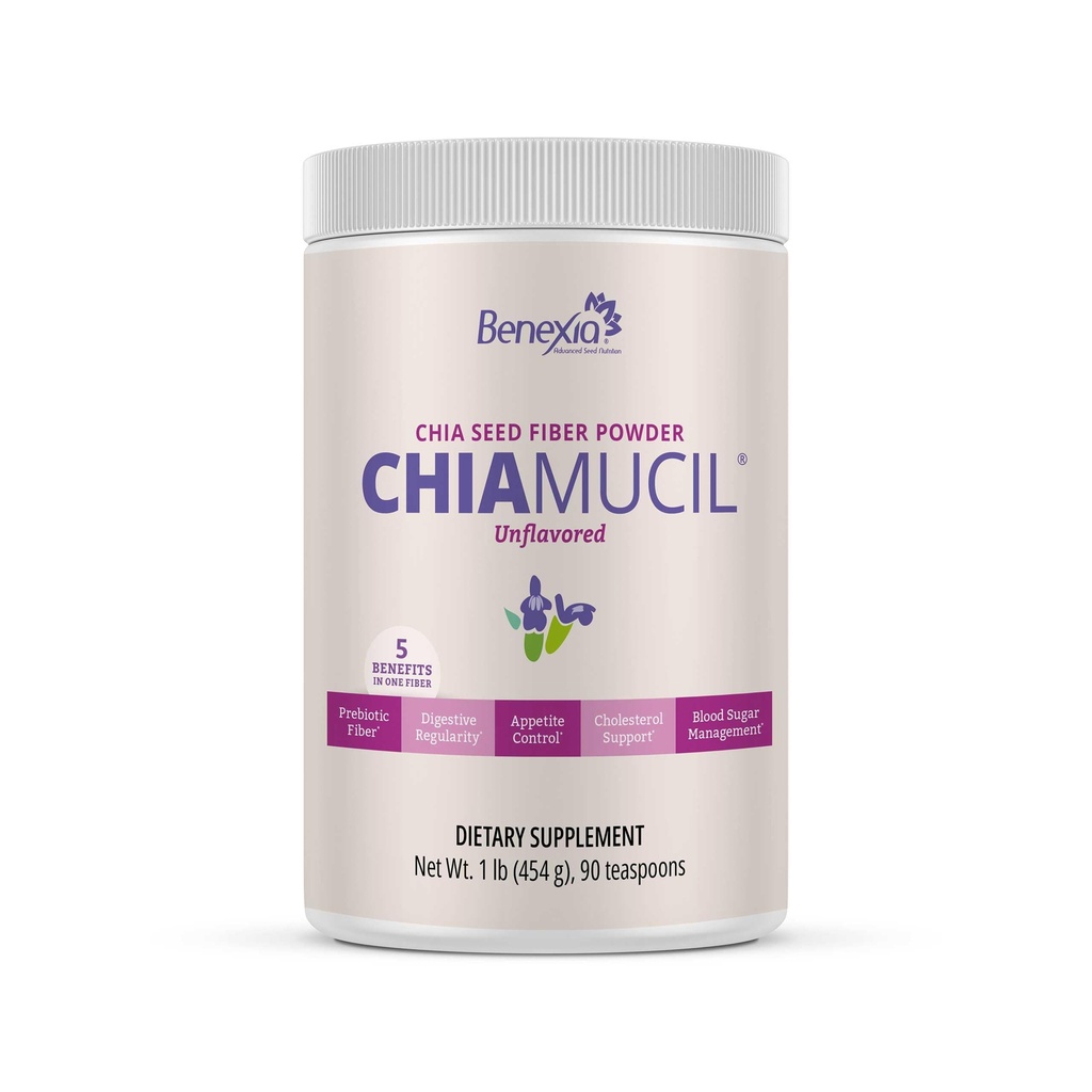 Chiamucil Prebiotic Chia Fiber Supplement Powder - for Appetite Control & fordøjelsessundhed - Chia Fiber & Chicory Root (Inulin) - Gluten & Sugar Free, Vegan, Non- GMO, Unflavored - 45 Serveringer