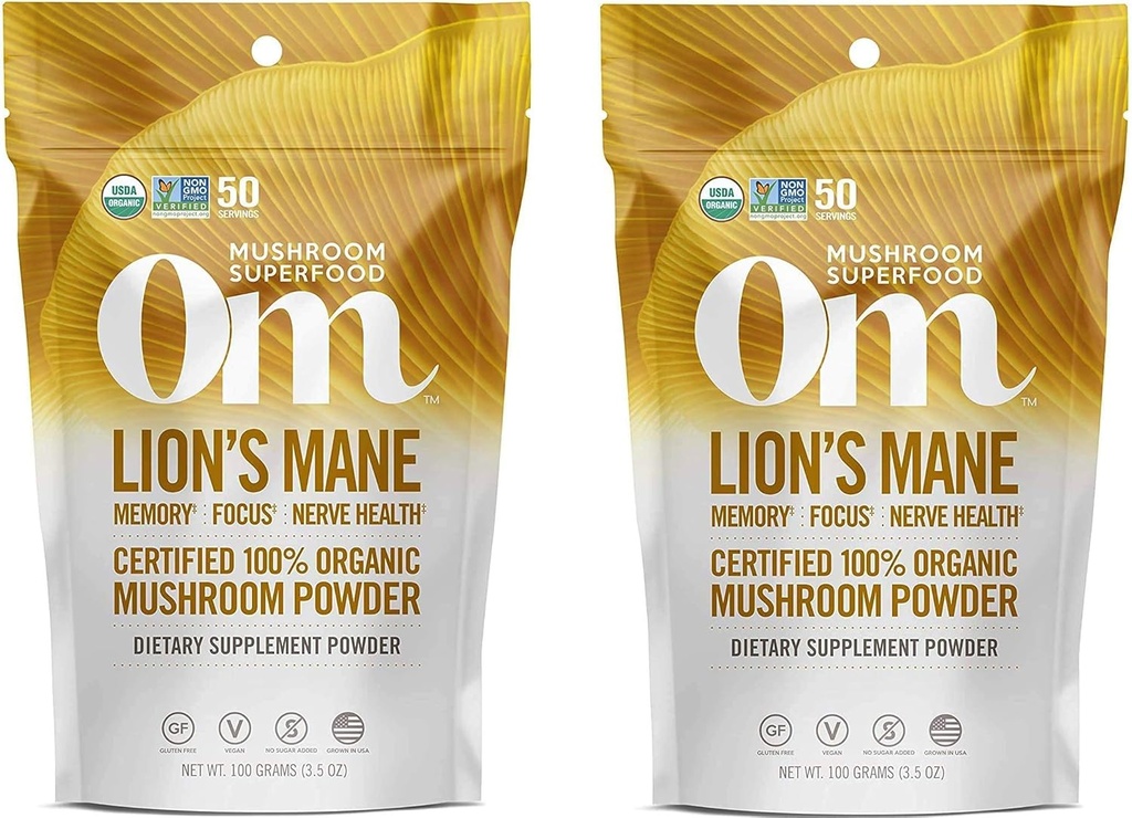Om Organic Mushroom Superfood Powder, Lions Mane, 3.5 Ounce (50 Servere) (Тwo Рack)