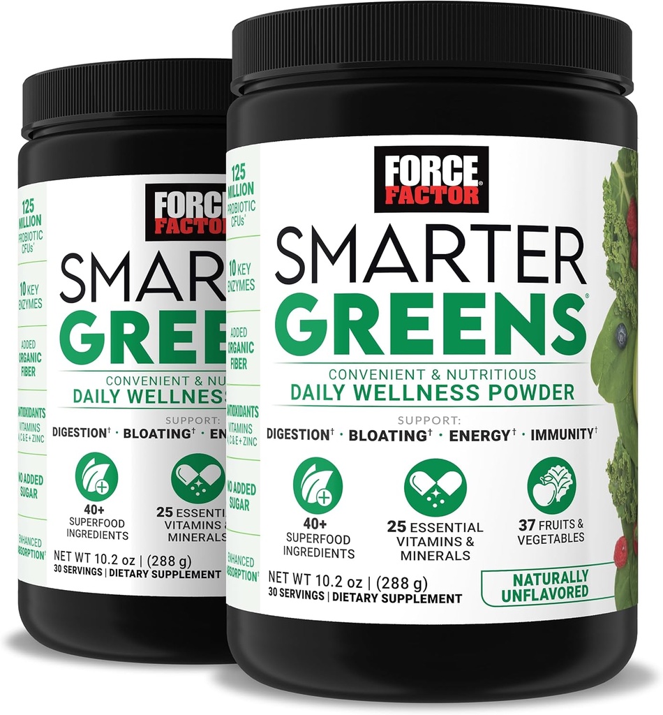 Force Factor Smarter Green Daily Wellness Powder 2- Pack to Support Energy, Immunity & fordøjelse, Superfood Green Powder med vitaminer, mineraler og probiotika, Unflavored, 60 Serveringer
