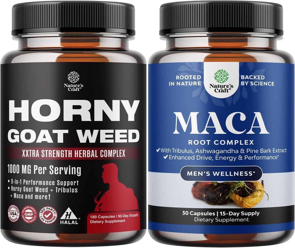 Bundle of Horny Goat Weed med Black Maca Root, Tongkat Ali, Saw Palmetto & Panax Ginseng Extract for Stamina & Energy og Black Maca Root med Siberian Ginseng Ashwagandha - Mænds Wellness Supplement