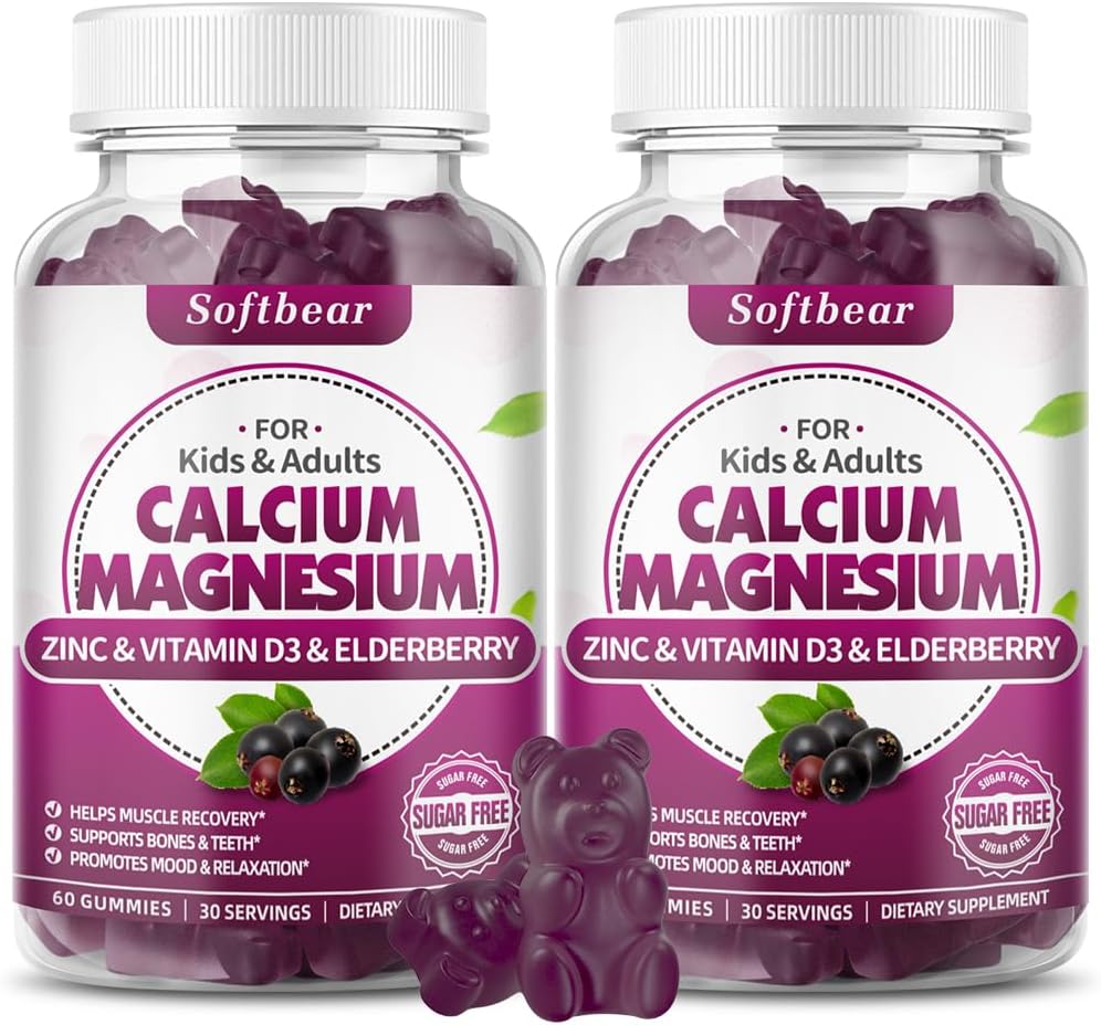 softbear Calcium Magnesium Zinkgummier til voksne & børn, Suagra-Free Calcium Magnesium Zinkvitamin D3 tillæg for ben Styrke & immunforsvar, Elderberry Flavor 120 Tæl
